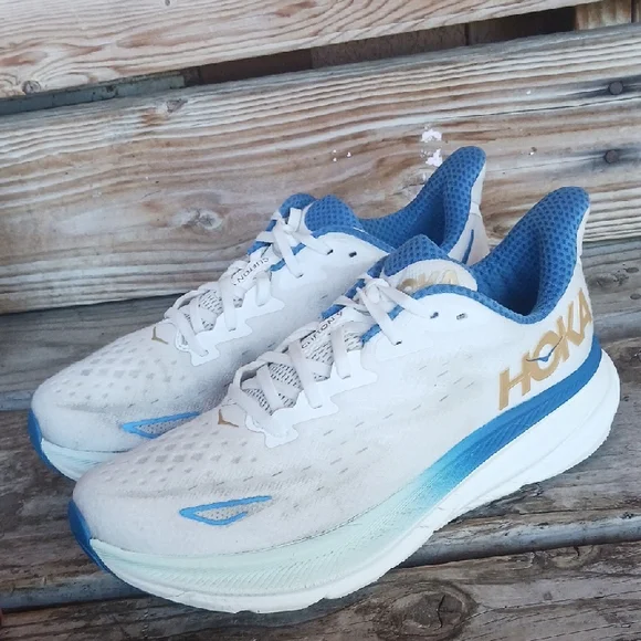 Hoka Clifton 9 White and Blue Sneakers with Gold Logo - Picture 7 of 14